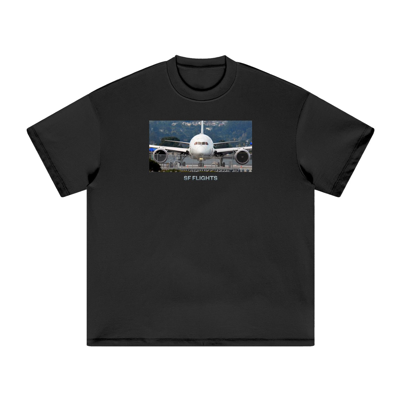 Heavyweight Earth Tone T-Shirt — Widebody B787 Jet at SFO