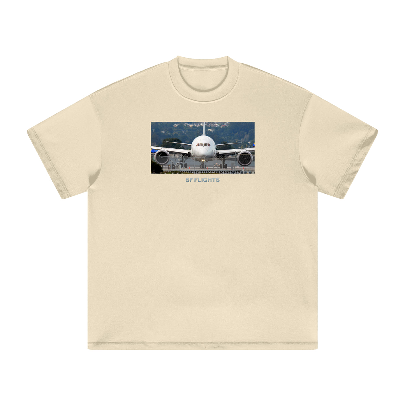 Heavyweight Earth Tone T-Shirt — Widebody B787 Jet at SFO