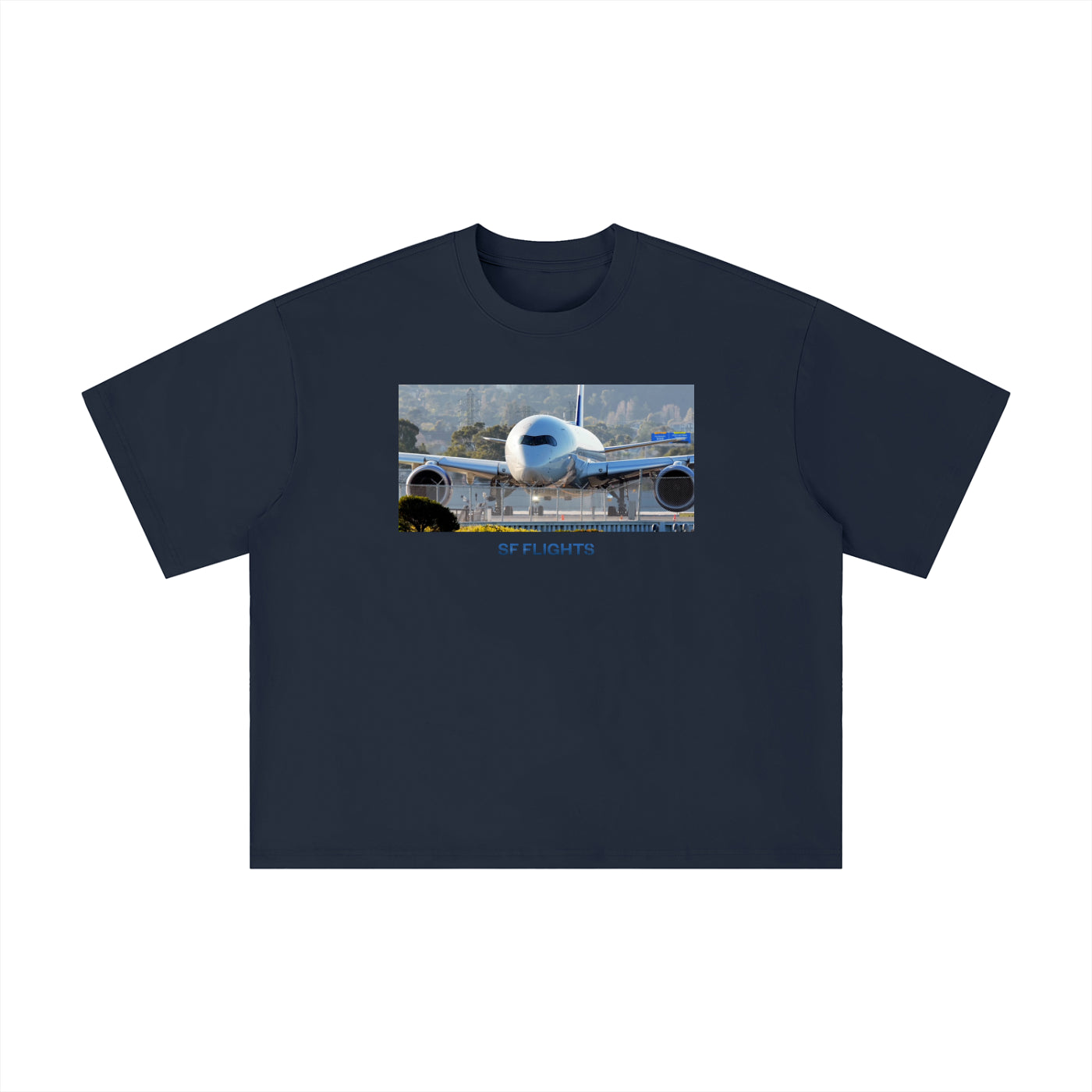 Unisex Boxy Oversized T-Shirt — A350 Prepares for Departure at SFO
