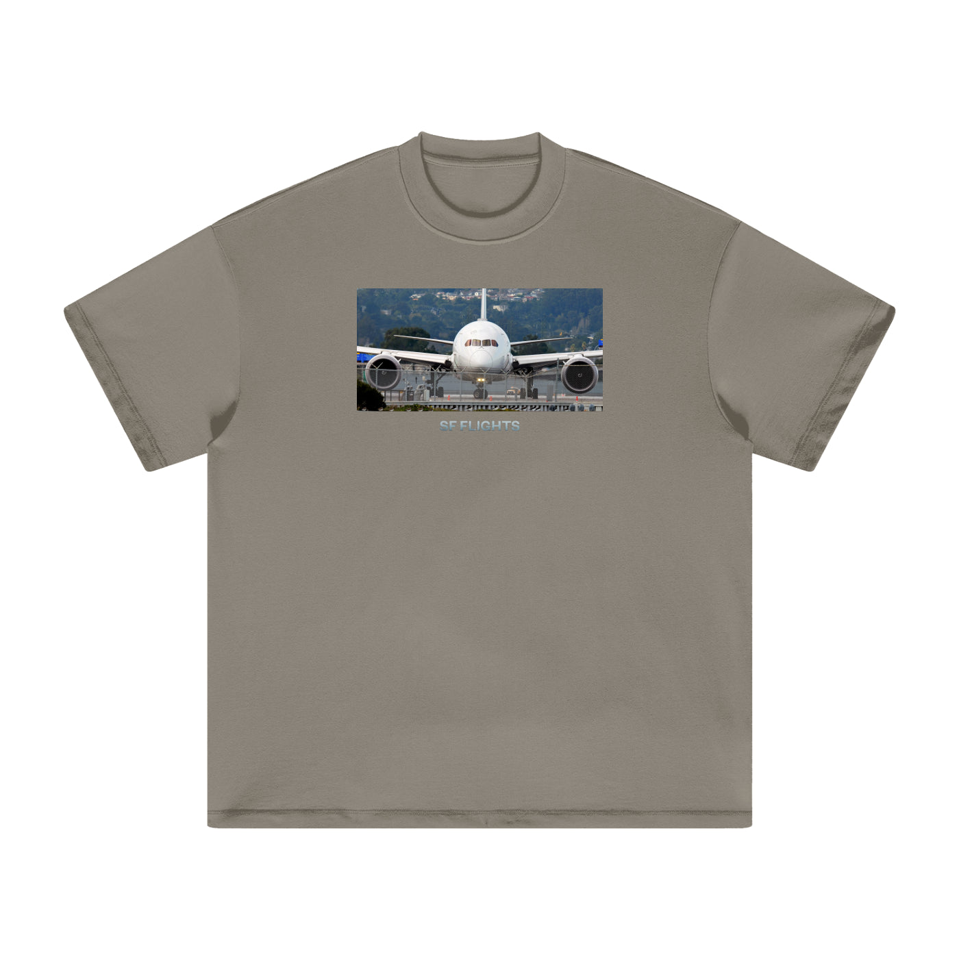 Heavyweight Earth Tone T-Shirt — Widebody B787 Jet at SFO