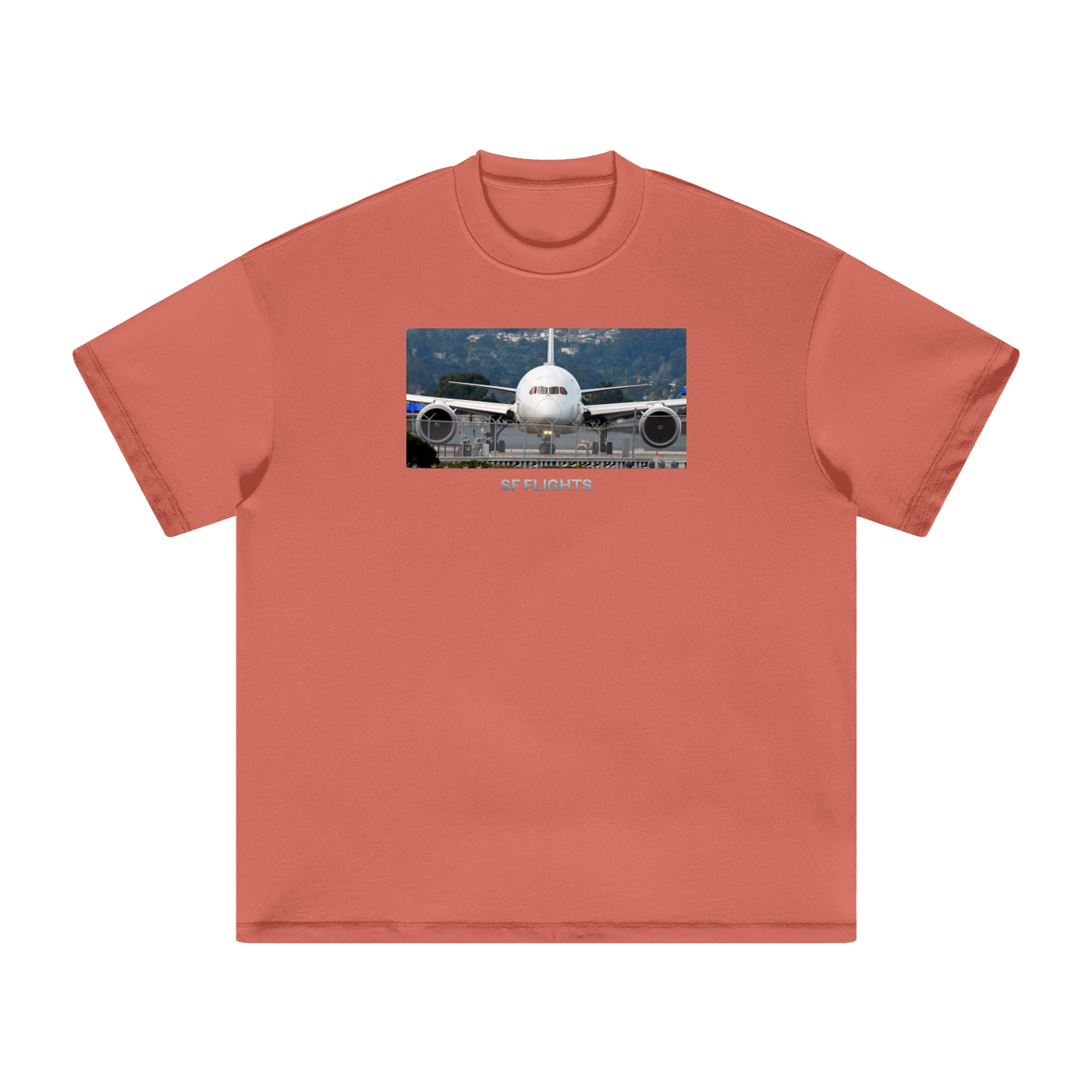 Heavyweight Earth Tone T-Shirt — Widebody B787 Jet at SFO